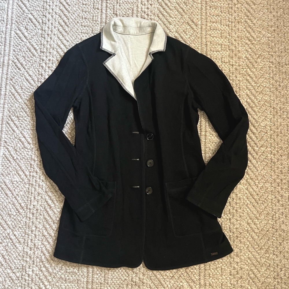 Haiku Two-Tone Knit Blazer Black Grey Contrast Lapel Button Front Jacket Womens